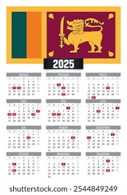 New year 2025 calendar with Sri Lanka flag and public holidays for print