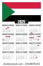 Calendario del Nuevo año 2025 con la bandera de Sudán y los días festivos para imprimir