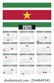 Calendario del Nuevo año 2025 con la bandera de Surinam y días festivos para imprimir