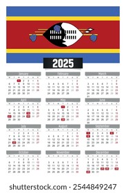 New year 2025 calendar with Swaziland Eswatini flag and public holidays for print