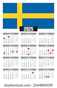 Calendario del Nuevo año 2025 con la bandera de Suecia y los días festivos para imprimir