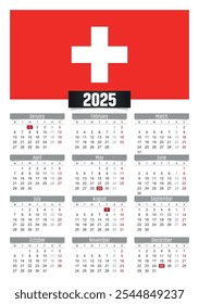 Calendario del Nuevo año 2025 con la bandera de Suiza y los días festivos para imprimir