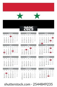 Calendario del Nuevo año 2025 con la bandera de Siria y los días festivos para imprimir