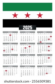 New year 2025 calendar with Syria flag and national public holidays for print