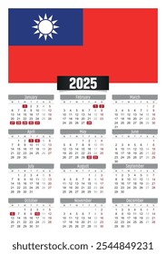 Calendario del Nuevo año 2025 con la bandera de Taiwán y los días festivos para imprimir