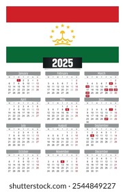 New year 2025 calendar with Tajikistan flag and public holidays for print