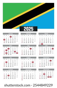 New year 2025 calendar with Tanzania flag and public holidays for print