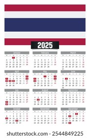 Calendario del Nuevo año 2025 con la bandera de Tailandia y los días festivos para imprimir