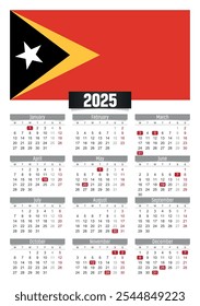 Calendario del Nuevo año 2025 con la bandera de Timor Oriental y los días festivos para imprimir