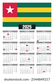 New year 2025 calendar with Togo flag and public holidays for print