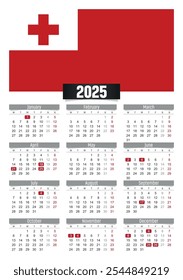 Calendario del Nuevo año 2025 con la bandera de Tonga y los días festivos para imprimir