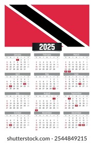 Calendario del Nuevo año 2025 con la bandera de Trinidad y Tobago y días festivos para imprimir