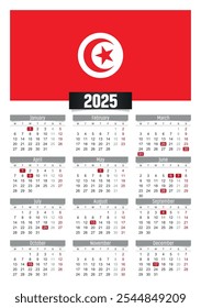 Calendario del Nuevo año 2025 con la bandera de Túnez y los días festivos para imprimir