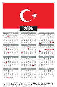 Calendario del Nuevo año 2025 con la bandera de Turquía y los días festivos para imprimir