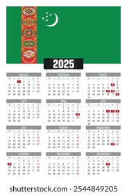 New year 2025 calendar with Turkmenistan flag and public holidays for print