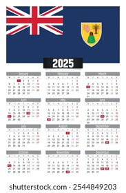 New year 2025 calendar with Turks and Caicos Islands flag and public holidays for print