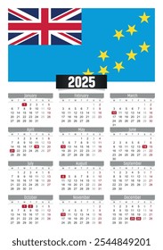 Calendario del Nuevo año 2025 con bandera de Tuvalu y días festivos para imprimir