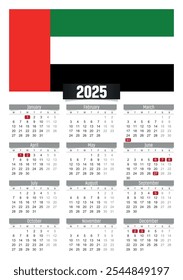 Calendario del Nuevo año 2025 con la bandera de Emiratos Árabes Unidos y días festivos para imprimir