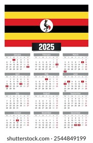 New year 2025 calendar with Uganda flag and public holidays for print