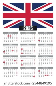 New year 2025 calendar with UK United Kingdom flag and public holidays for print