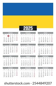 Calendario del Nuevo año 2025 con la bandera de Ucrania y los días festivos para imprimir