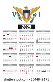 Calendario del Nuevo año 2025 con bandera de las Islas Vírgenes de los Estados Unidos y días festivos para imprimir