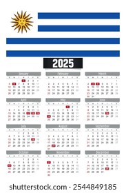 Calendario del Nuevo año 2025 con bandera de Uruguay y días festivos para imprimir