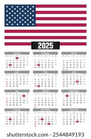 Calendario del Nuevo año 2025 con USA United States America y días festivos para imprimir