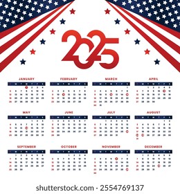 New year 2025 Calendar with USA Flag and Public Holidays. American Holiday Calendar Vector, Patriotic Yearly Planner, Editable 2025 Calendar Design, USA-Themed Calendar Template, Printable Schedule