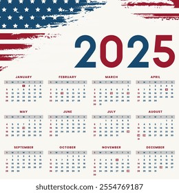 New year 2025 Calendar with USA Flag and Public Holidays. American Holiday Calendar Vector. Patriotic Yearly Planner. Editable 2025 Calendar Design, USA-Themed Calendar Template, Printable Schedule