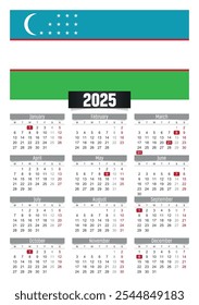 Calendario del Nuevo año 2025 con la bandera de Uzbekistán y los días festivos para imprimir