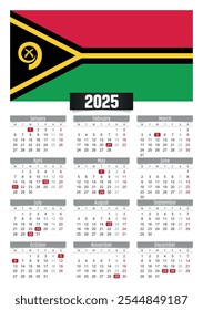 Calendário de ano novo 2025 com bandeira de Vanuatu e feriados públicos para impressão