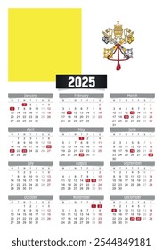 New year 2025 calendar with Vatican flag and public holidays for print