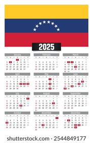 Calendario del Nuevo año 2025 con la bandera de Venezuela y días festivos para imprimir