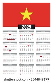 Calendario del Nuevo año 2025 con la bandera de Vietnam y los días festivos para imprimir