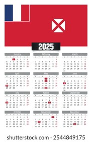 Calendario del Nuevo año 2025 con la bandera de Wallis y Futuna y días festivos para imprimir