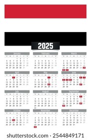 Calendario del Nuevo año 2025 con la bandera de Yemen y los días festivos para imprimir