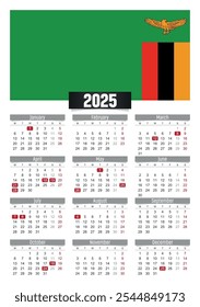 New year 2025 calendar with Zambia flag and public holidays for print