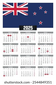 Calendario del Nuevo año 2025 con la bandera de Nueva Zelanda y los días festivos para imprimir