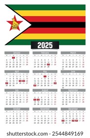 New year 2025 calendar with Zimbabwe flag and public holidays for print