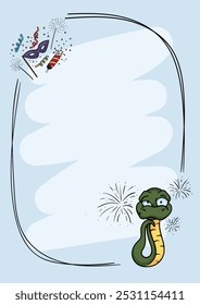 Tarjeta de Nuevo año 2025. Ilustración vectorial con símbolo de año de serpiente, Navidades de fuegos artificiales y símbolos de fiesta. Fondo simple con un marco para texto, felicitaciones, deseos