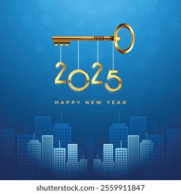 New Year 2025 celebration background with modern decorated building, city skyline and key