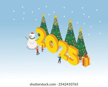 New Year 2025 Celebration with Christmas Trees and Snowman 3d isometric vector illustration