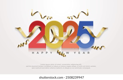 La celebración del Nuevo Año 2025 con números coloridos y elegantes decoraciones de cinta en 3D es un concepto lujoso. 2025 número design.for 2025 flyer, Anuncio y calendario.