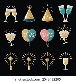 "New Year 2025 celebration icons set featuring champagne glasses, party hats, balloons, sparklers, and festive decorations in a modern flat style with gold, teal, and pink accents on a dark background