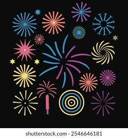 "New Year 2025 celebration icons set featuring champagne glasses, party hats, balloons, sparklers, and festive decorations in a modern flat style with gold, teal, and pink accents on a dark background