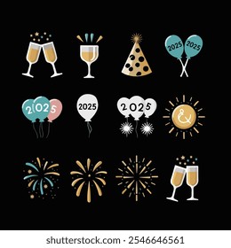 "New Year 2025 celebration icons set featuring champagne glasses, party hats, balloons, sparklers, and festive decorations in a modern flat style with gold, teal, and pink accents on a dark background