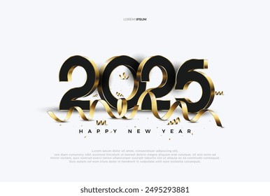 New Year 2025 celebration with unique numbers and moodern coloring with elegant gold ribbon decoration. Premium vector design for New Year 2025 celebration.