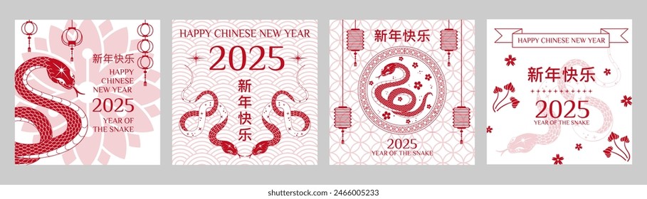 New year 2025 of the chinese snake zodiac square greeting cards with snake, flower, lantern and inscription in Chinese Happy Chinese New Year. Vector set in red white colors for posters, social media