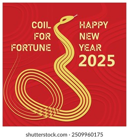 New year 2025 with Chinese zodiac symbol snake. Gold color on red background. Happy New Year 2025 concept. Flat vector illustration.